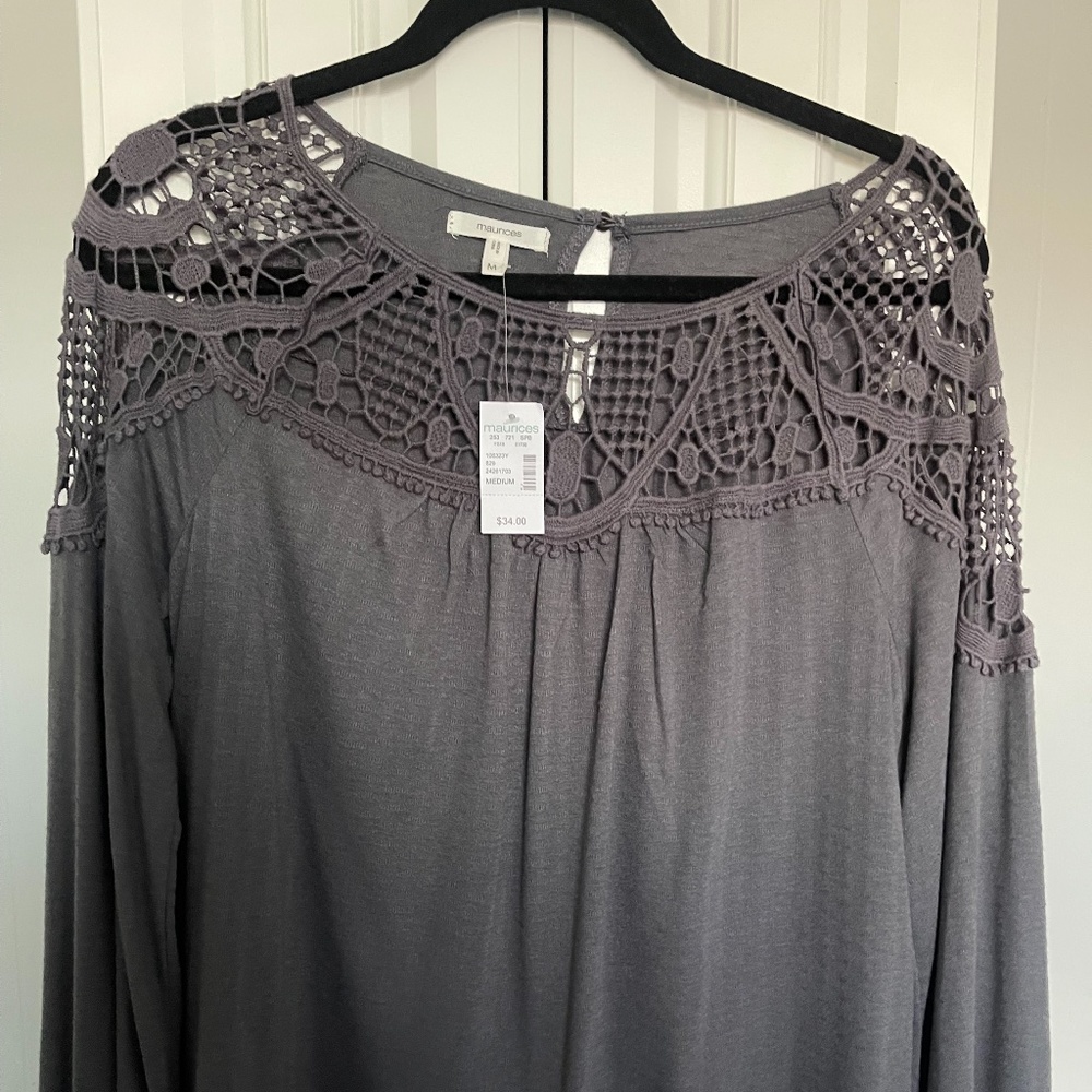 NWT-Maurices M Gray Crochet Shoulders and front, long sleeve top elastic wrist.
